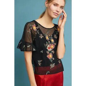 Anthropologie Maeve Cadiz Black Lace Embroidered Top